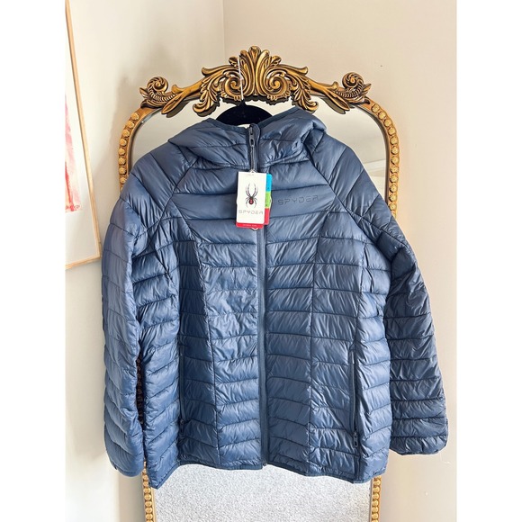 Spyder Mens Packable Puffer Jacket Navy Blue Hooded Quilted Coat XXL New